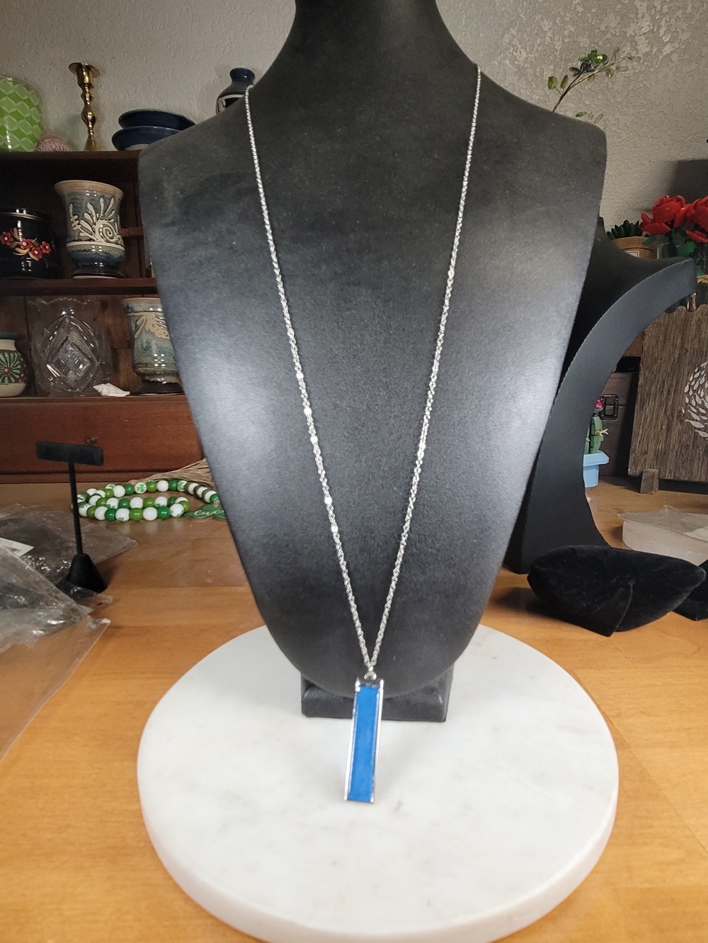 paparazzi Silver Chain Necklace with Blue Rectangular Pendant
